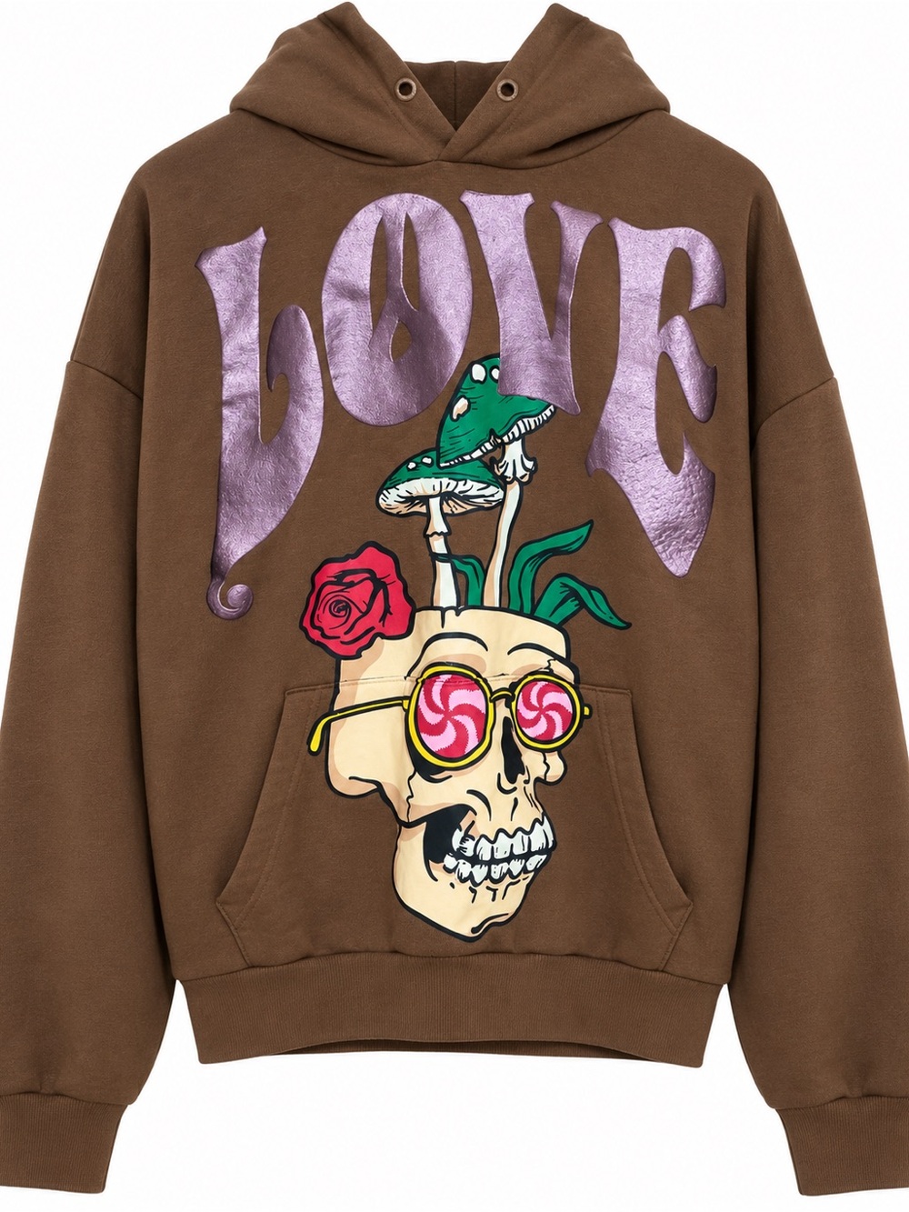 Brown Graphic Hoodie Sweater with 'LOVE' and Skull Print